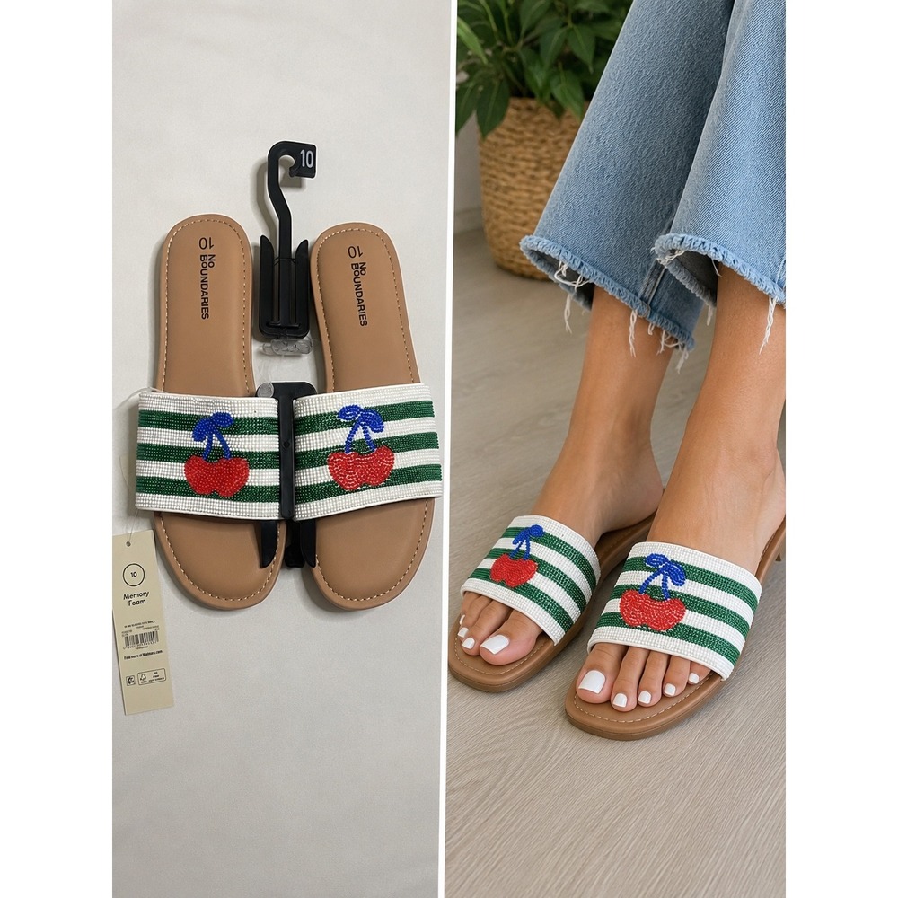 No Boundaries Womens Beaded Cherry Slide Sandals Green White Striped Flat 10